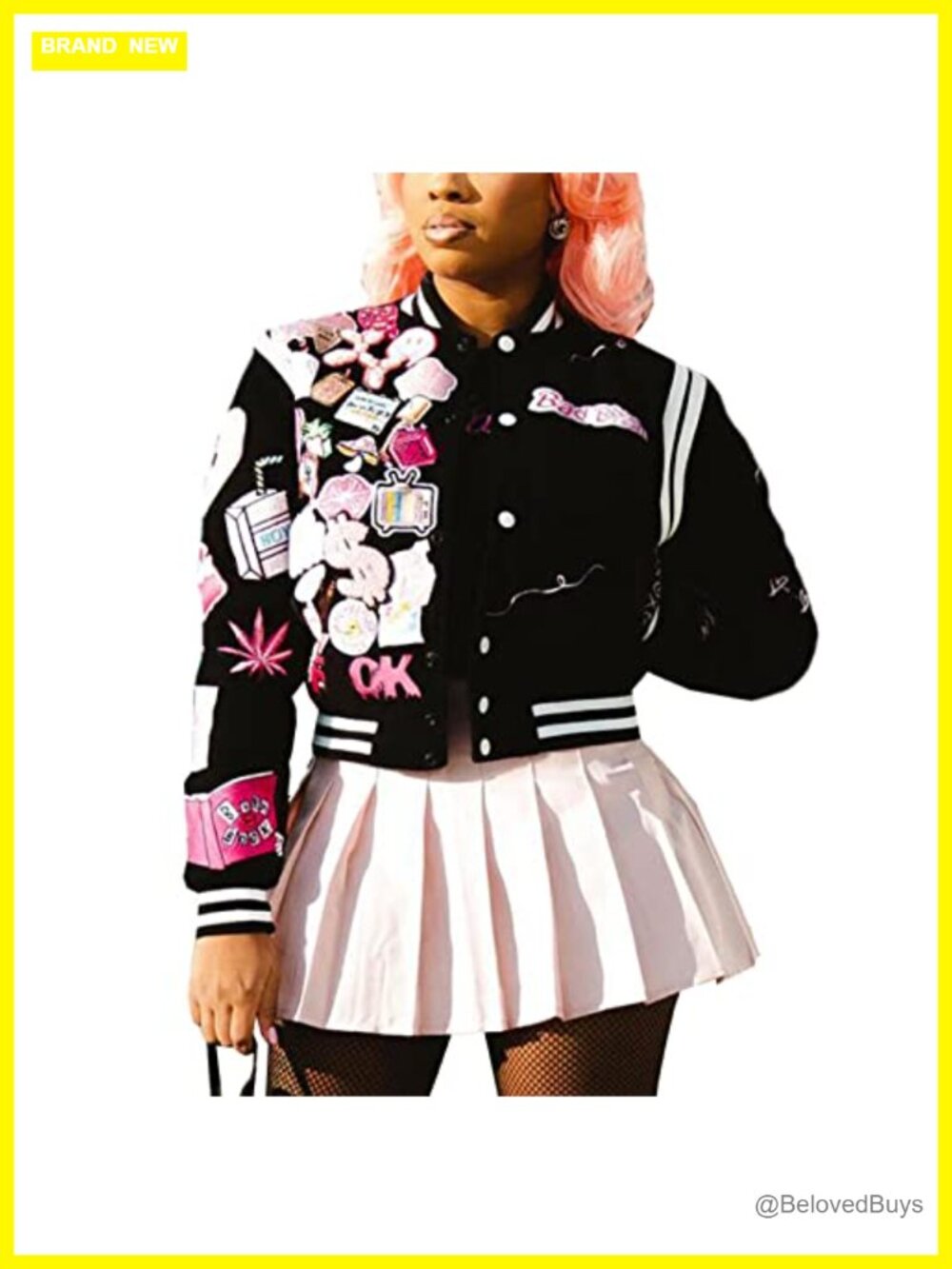 Varsity Jacket Women Vintage Patches Letterman Cropped Bomber Jacket
